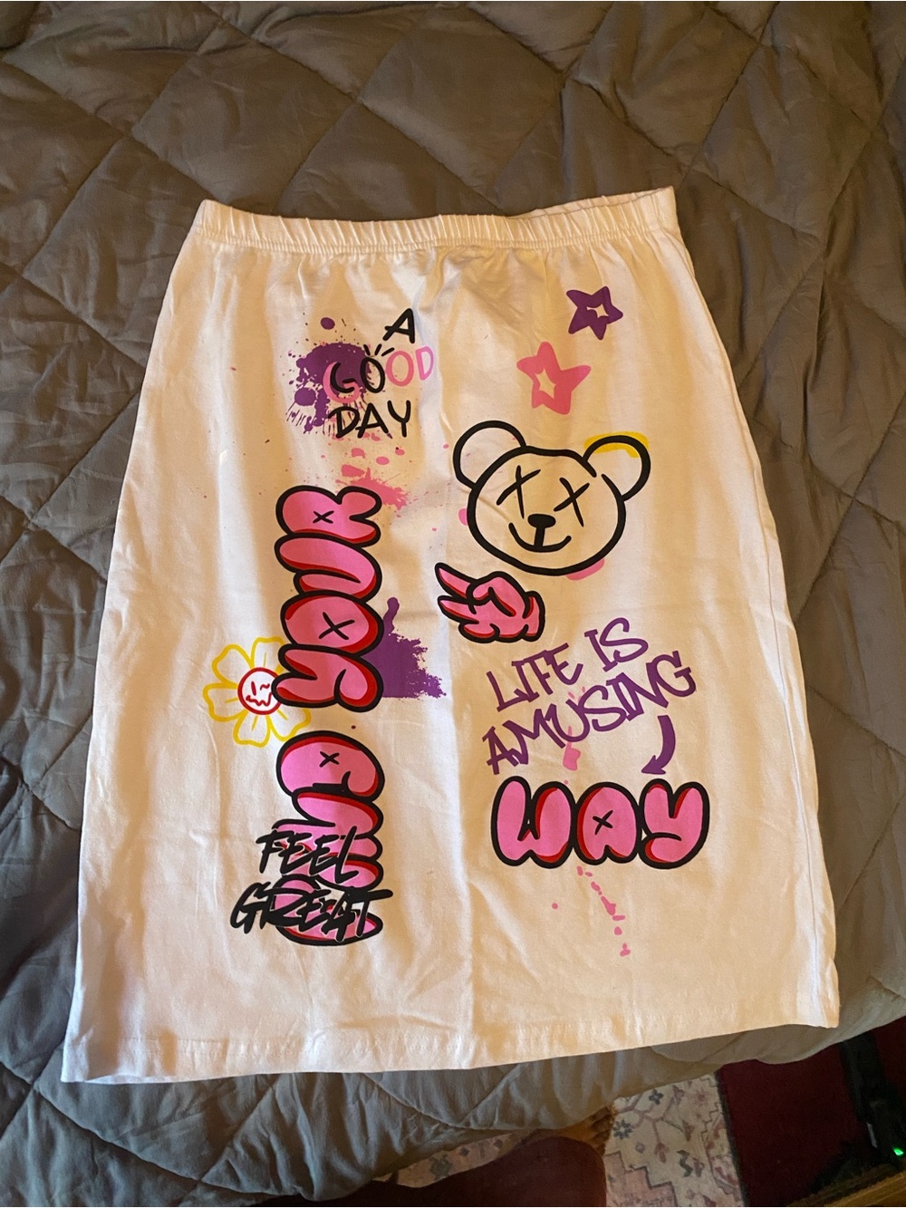 On Fire White Midi Skirt with Pink & Purple Graphic Print